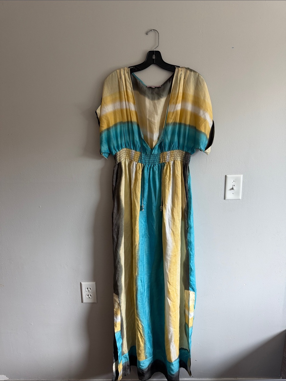 Calypso St. Barth Teal, Yellow and Gray Striped V-Neck Maxi Dress